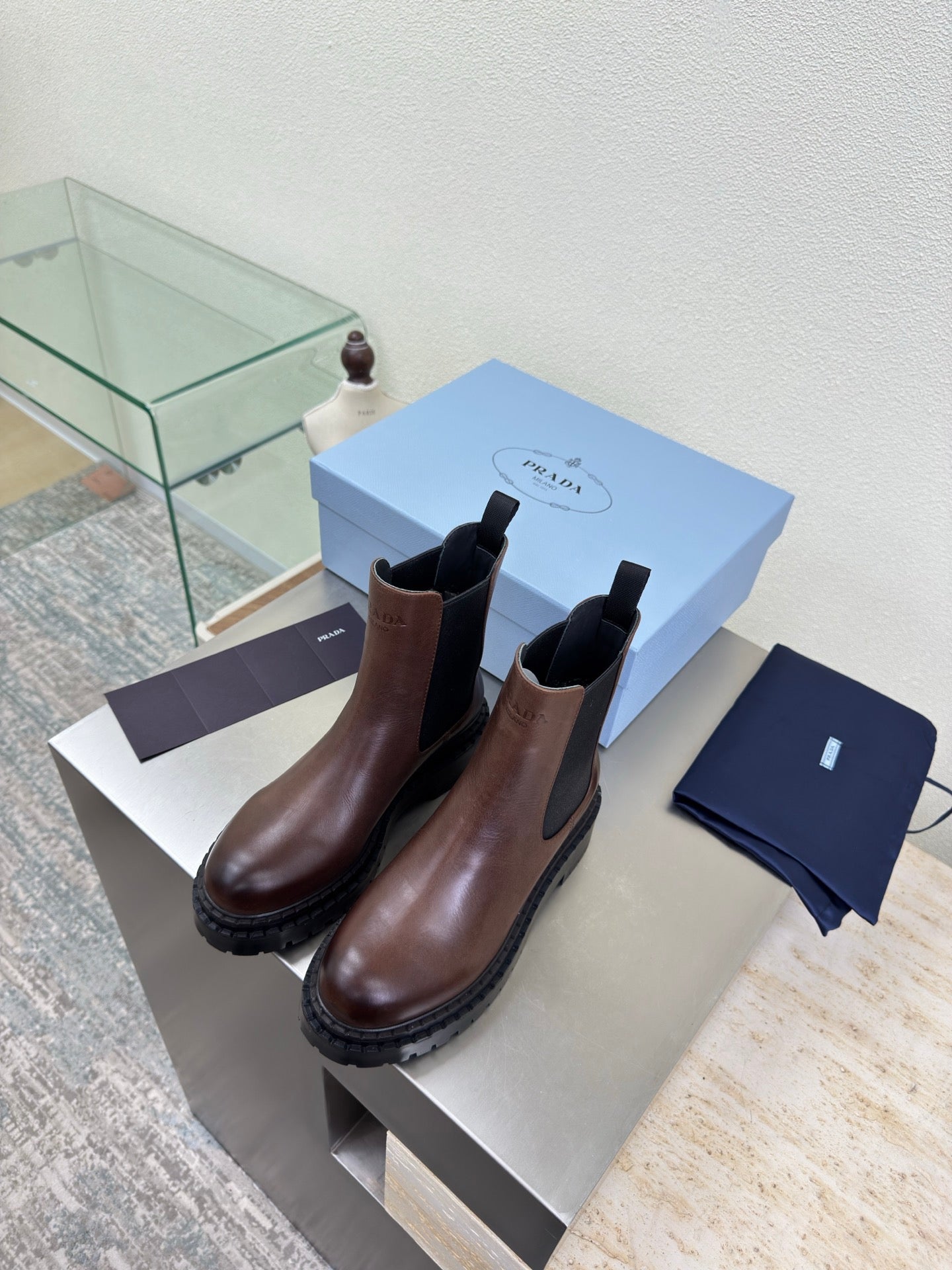 PRADA 25S PLATFORM CHELSEA BOOTS IN DARK BROWN CALFSKIN - 35