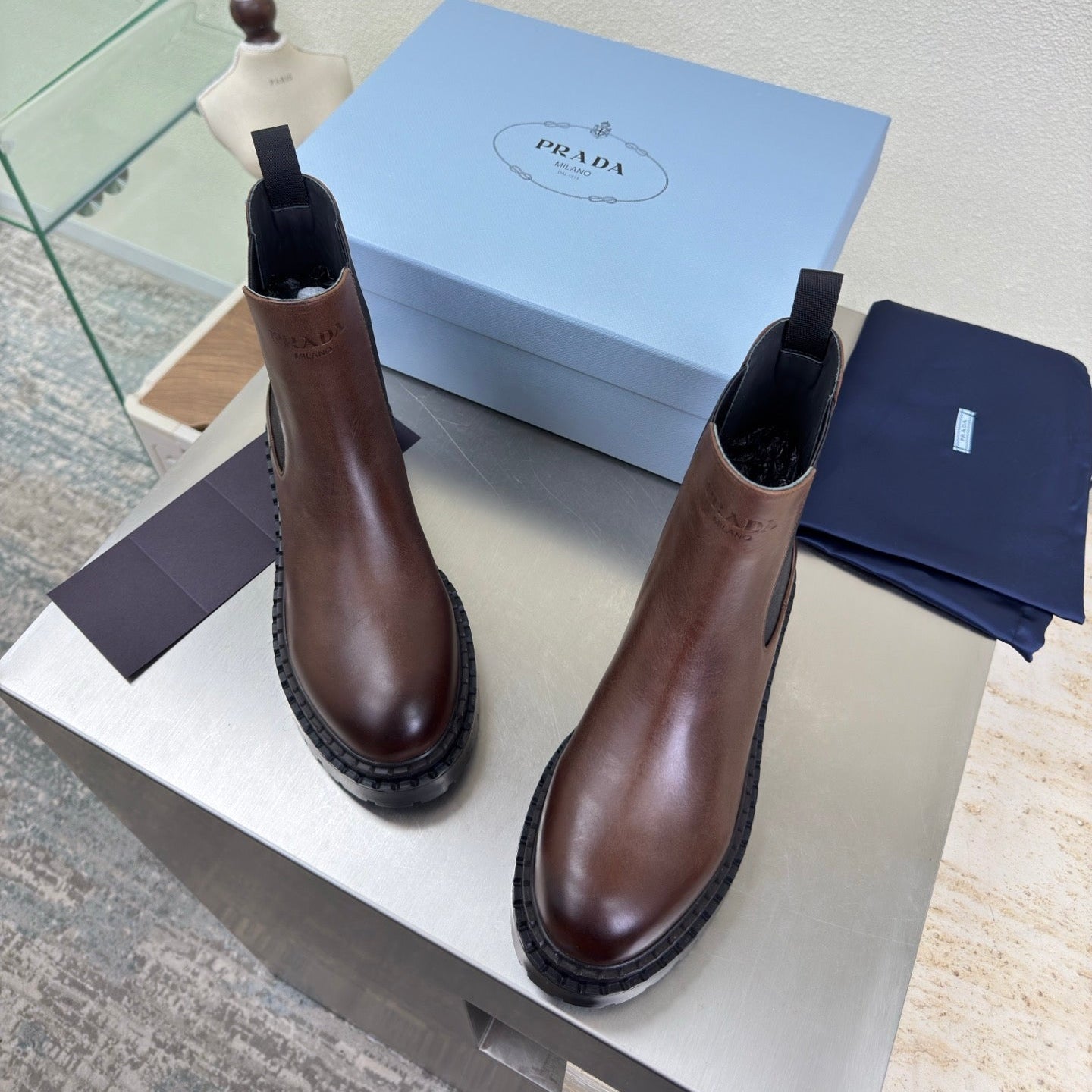 PRADA 25S PLATFORM CHELSEA BOOTS IN DARK BROWN CALFSKIN - 35