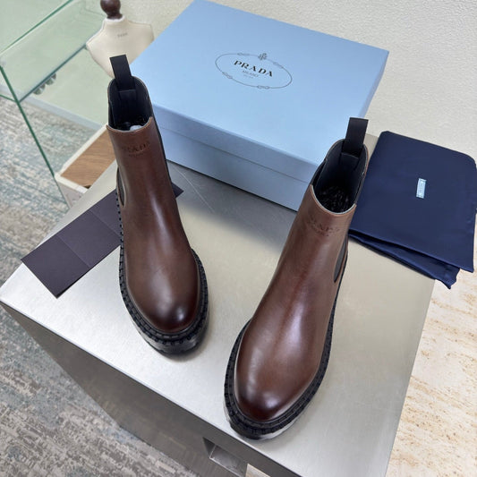 PRADA 25S PLATFORM CHELSEA BOOTS IN DARK BROWN CALFSKIN - 35