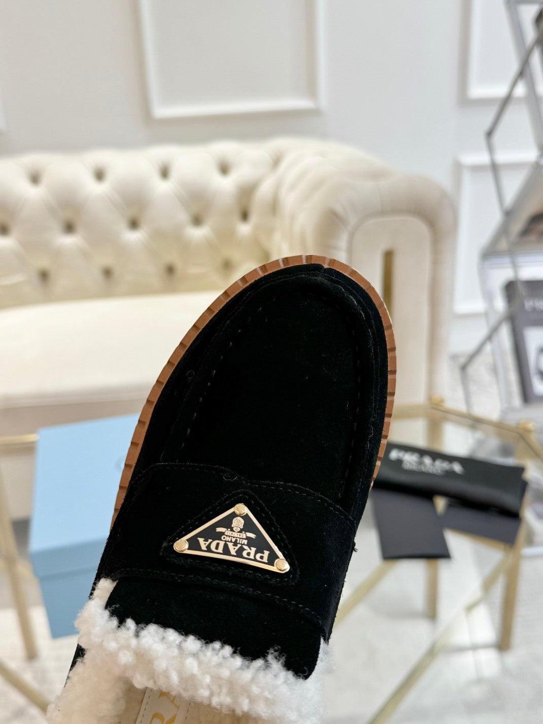 SUEDE LOAFER BLACK WITH SHEARLING LINING - 35