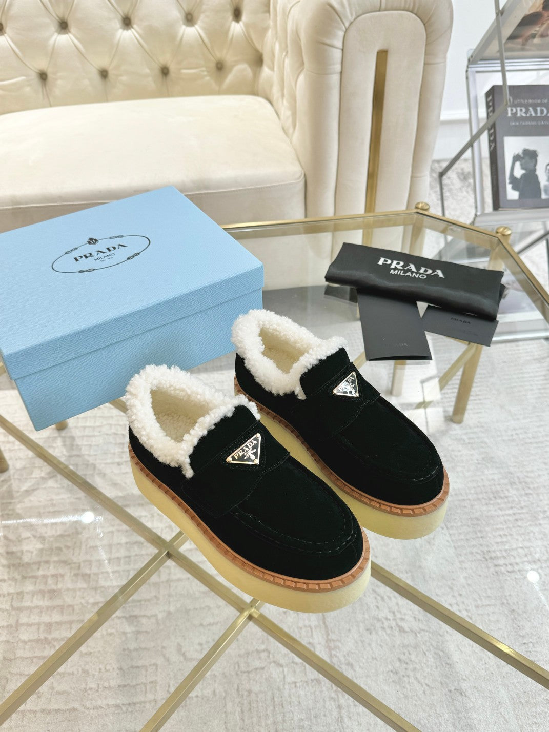 SUEDE LOAFER BLACK WITH SHEARLING LINING - 35