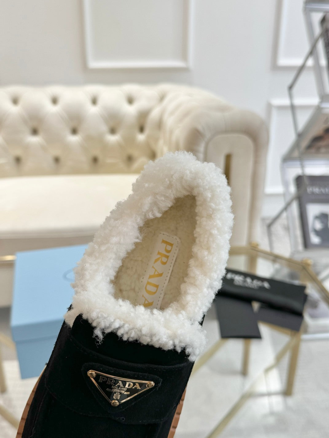 SUEDE LOAFER BLACK WITH SHEARLING LINING - 35