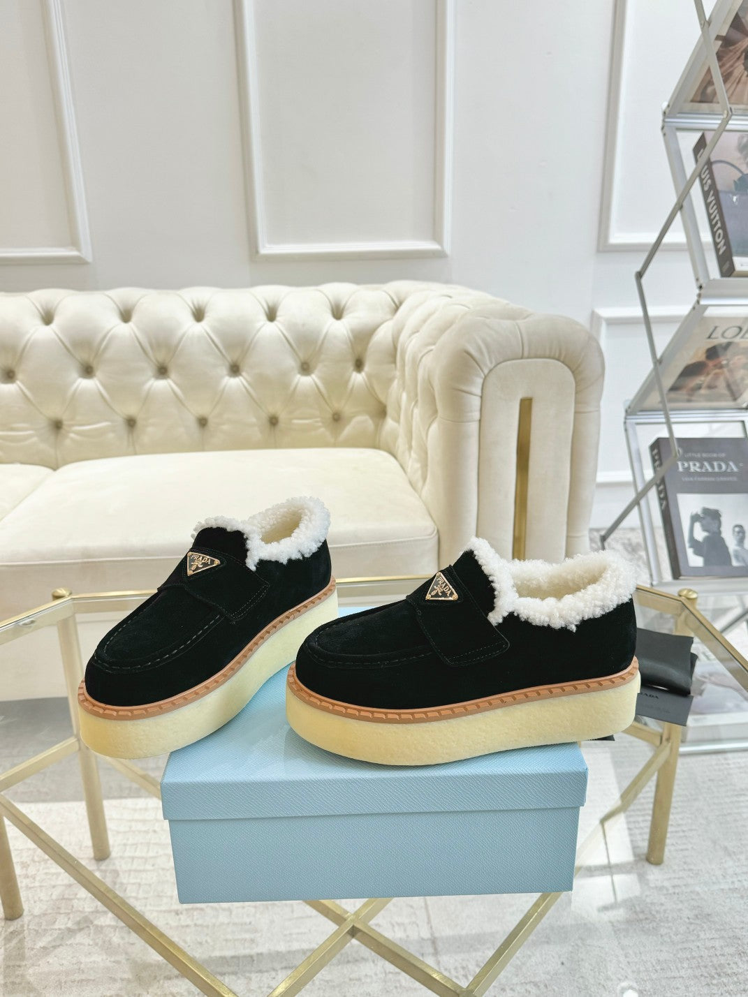 SUEDE LOAFER BLACK WITH SHEARLING LINING - 35