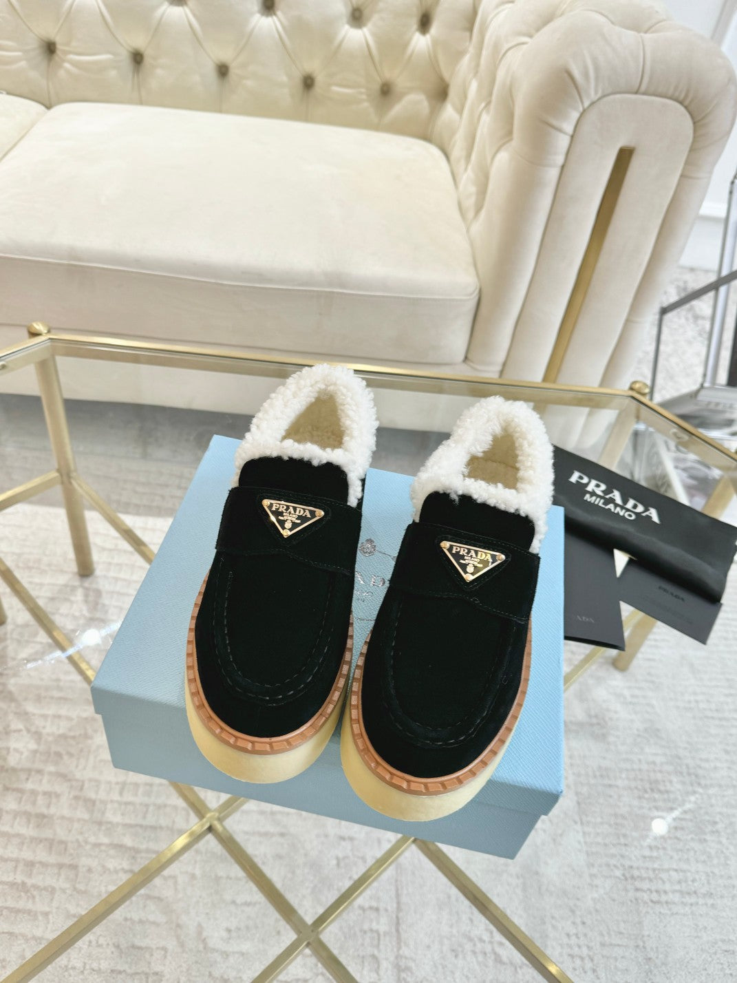 SUEDE LOAFER BLACK WITH SHEARLING LINING - 35