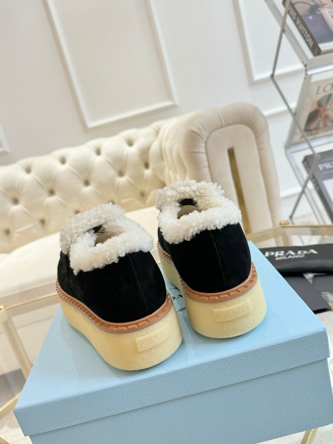 SUEDE LOAFER BLACK WITH SHEARLING LINING - 35