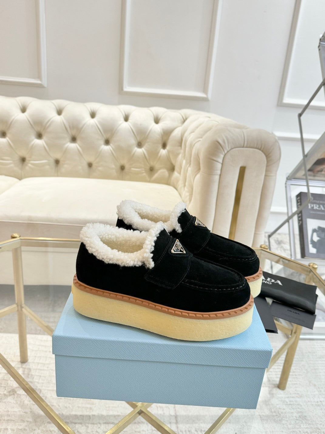 SUEDE LOAFER BLACK WITH SHEARLING LINING - 35