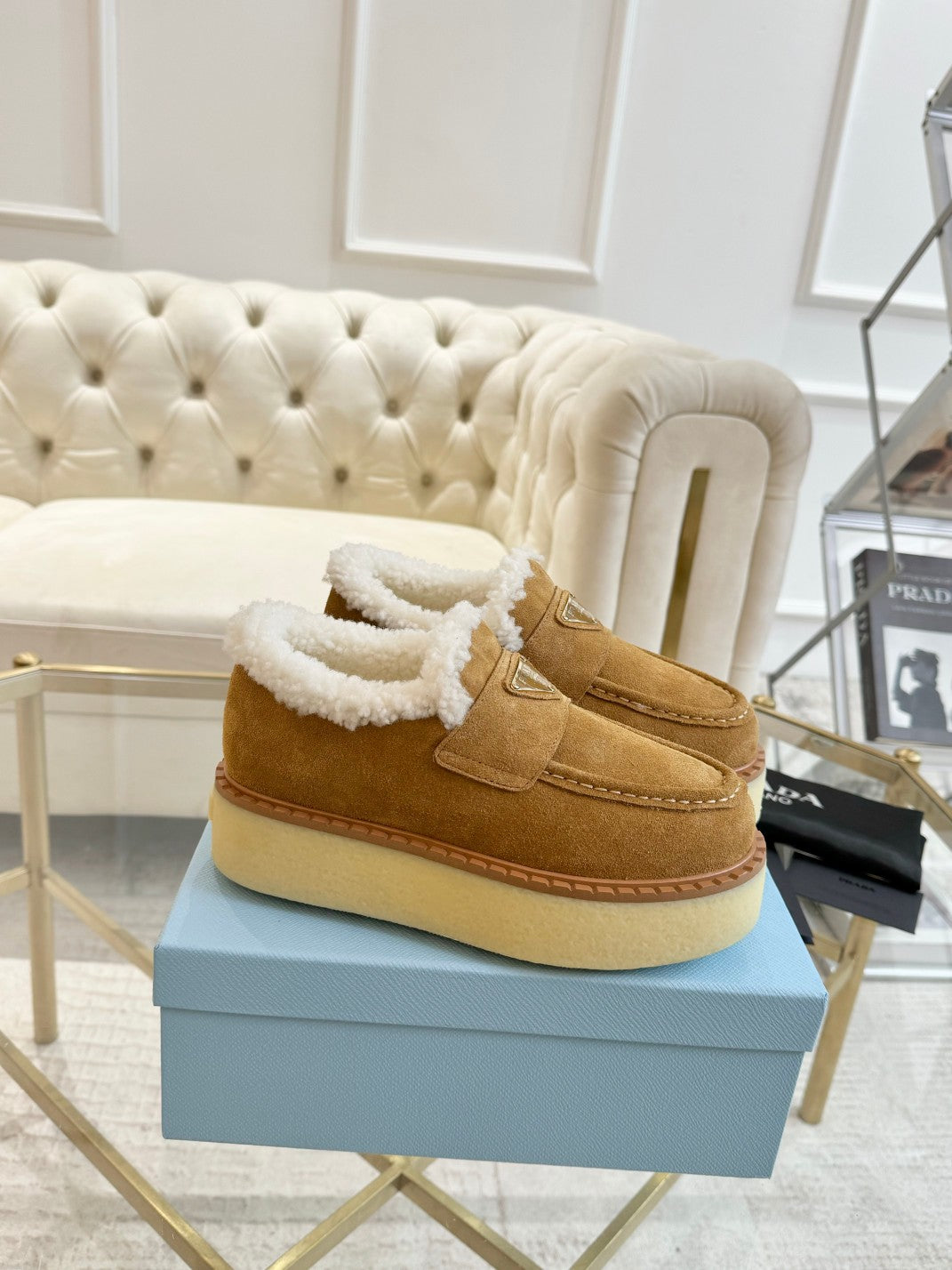 SUEDE LOAFER CAMEL WITH SHEARLING LINING - 35
