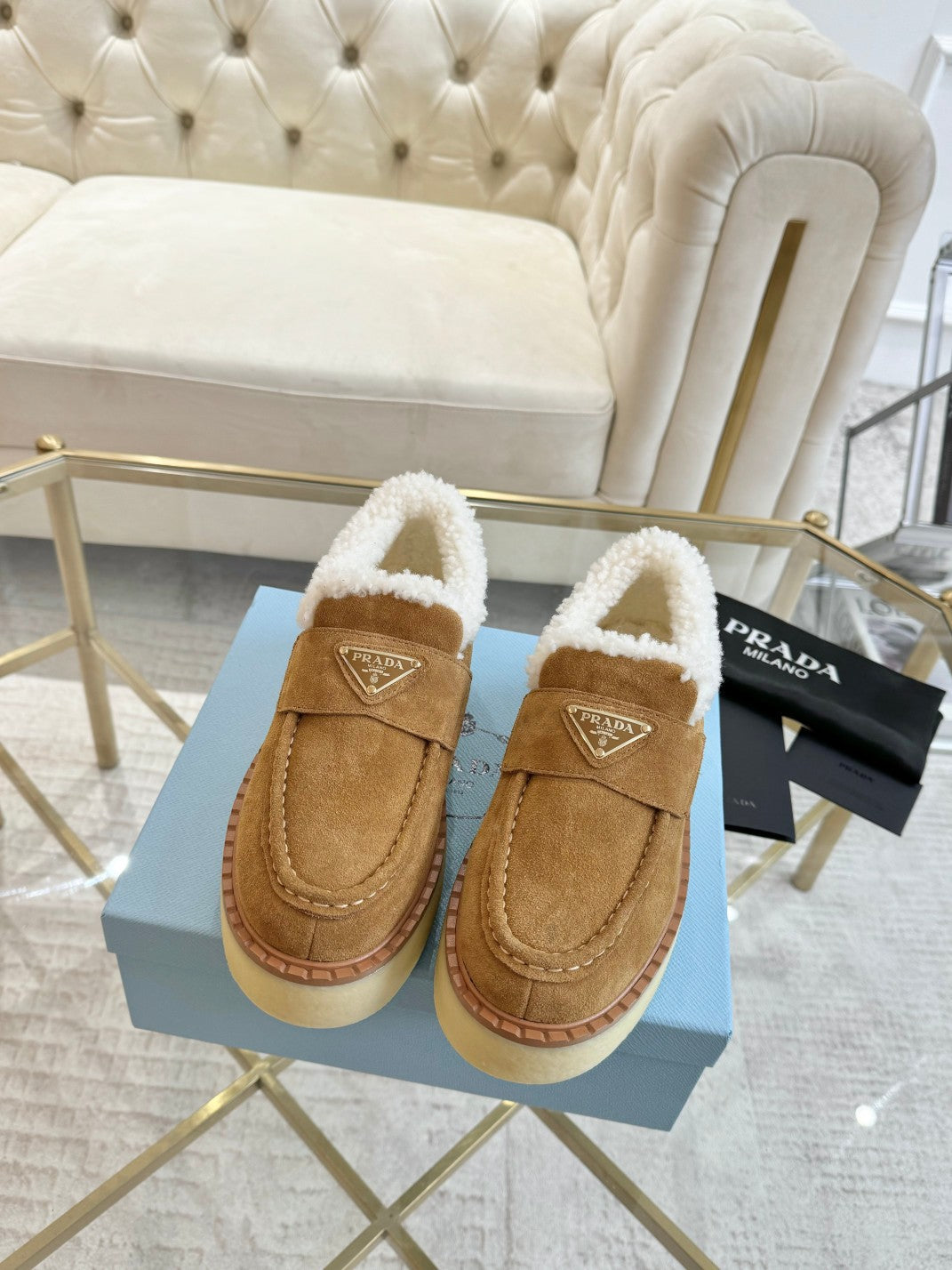 SUEDE LOAFER CAMEL WITH SHEARLING LINING - 35
