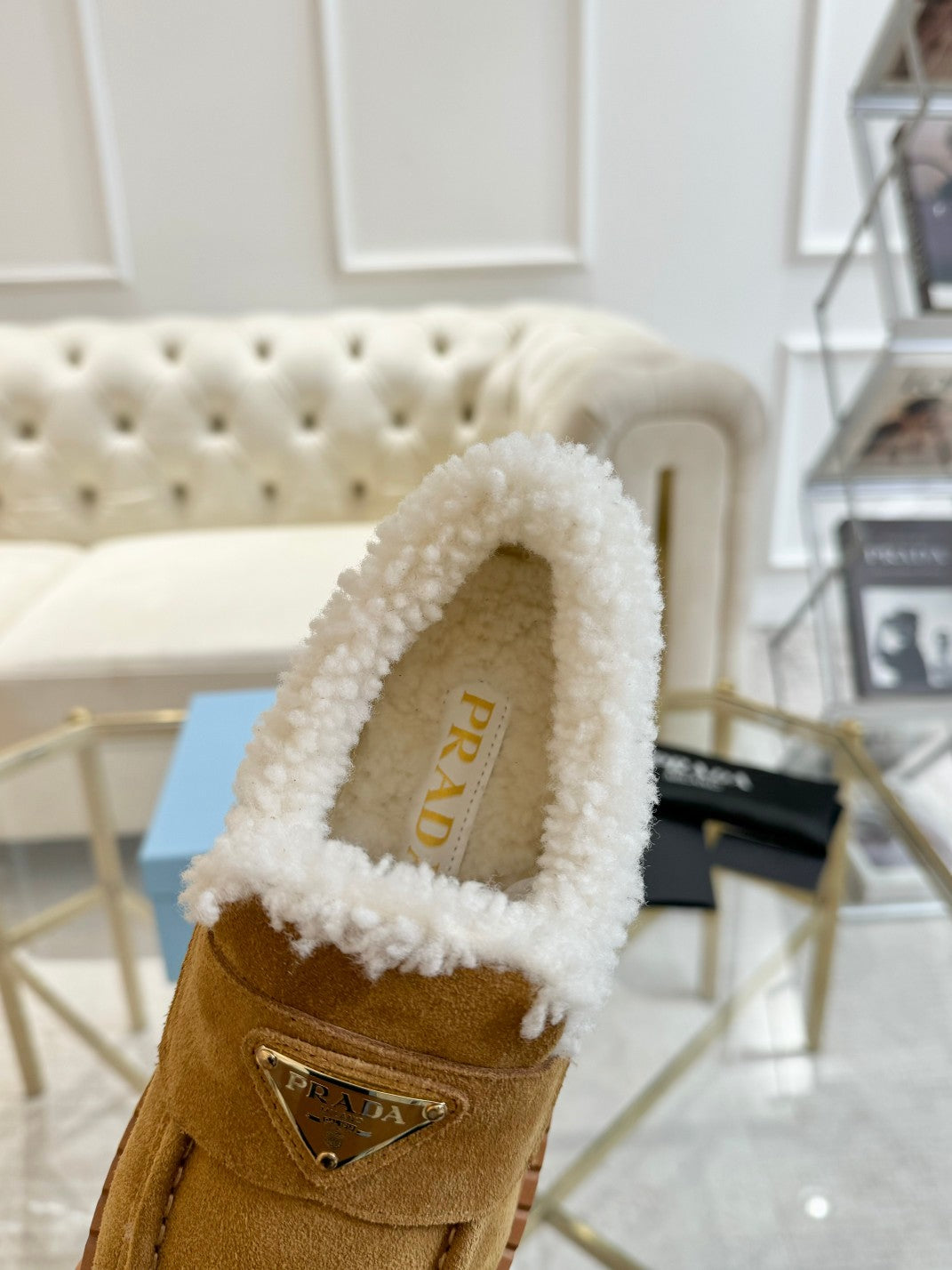 SUEDE LOAFER CAMEL WITH SHEARLING LINING - 35
