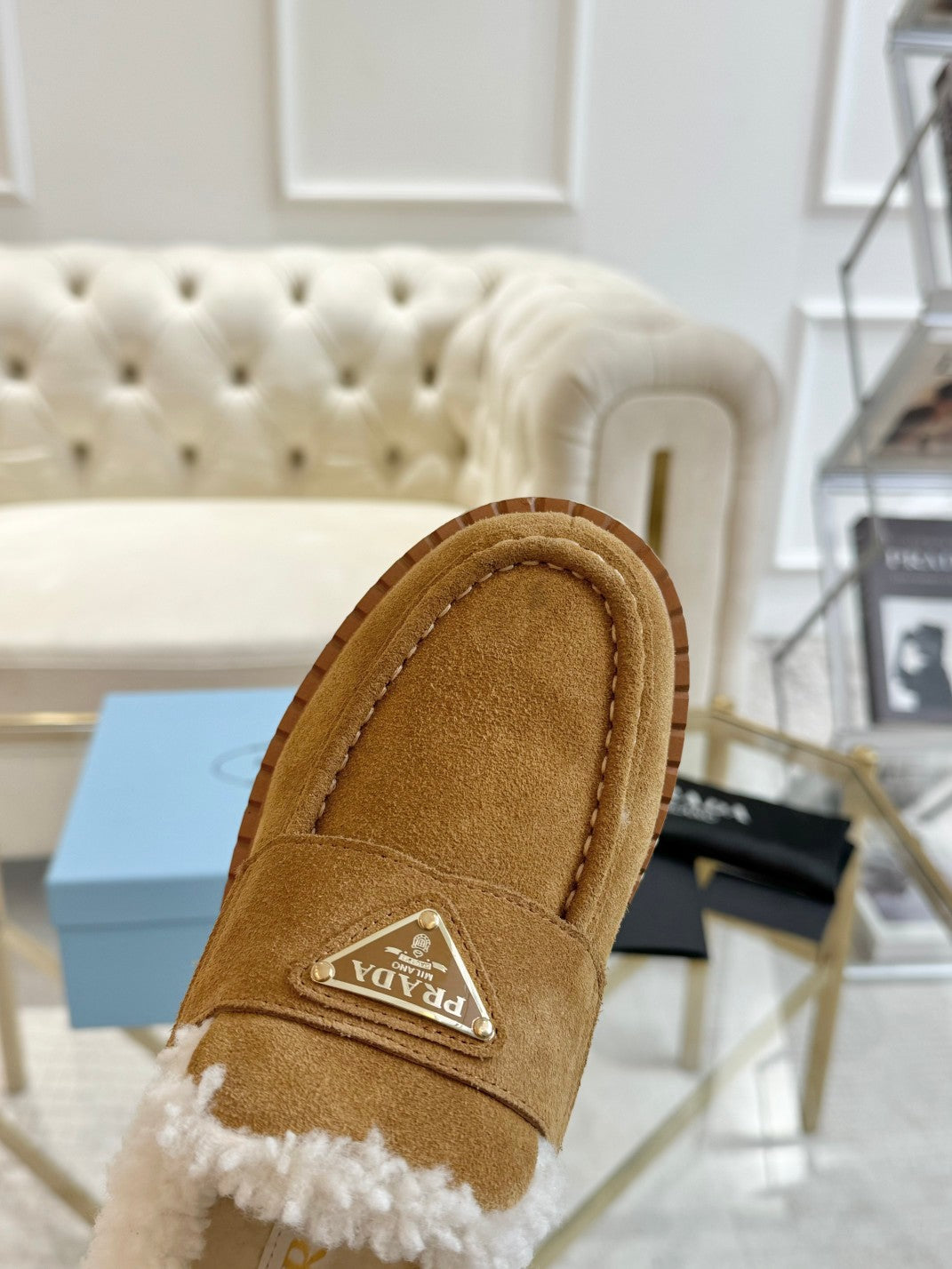SUEDE LOAFER CAMEL WITH SHEARLING LINING - 35