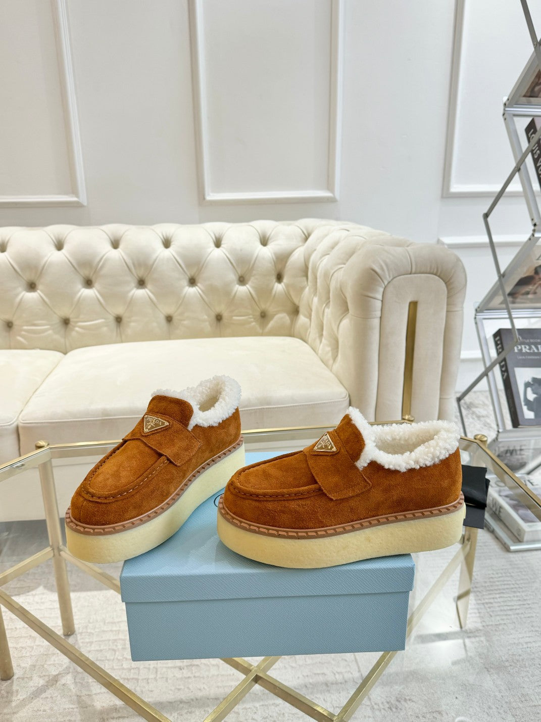 SUEDE LOAFER BRONZE BROWN WITH SHEARLING LINING - 35