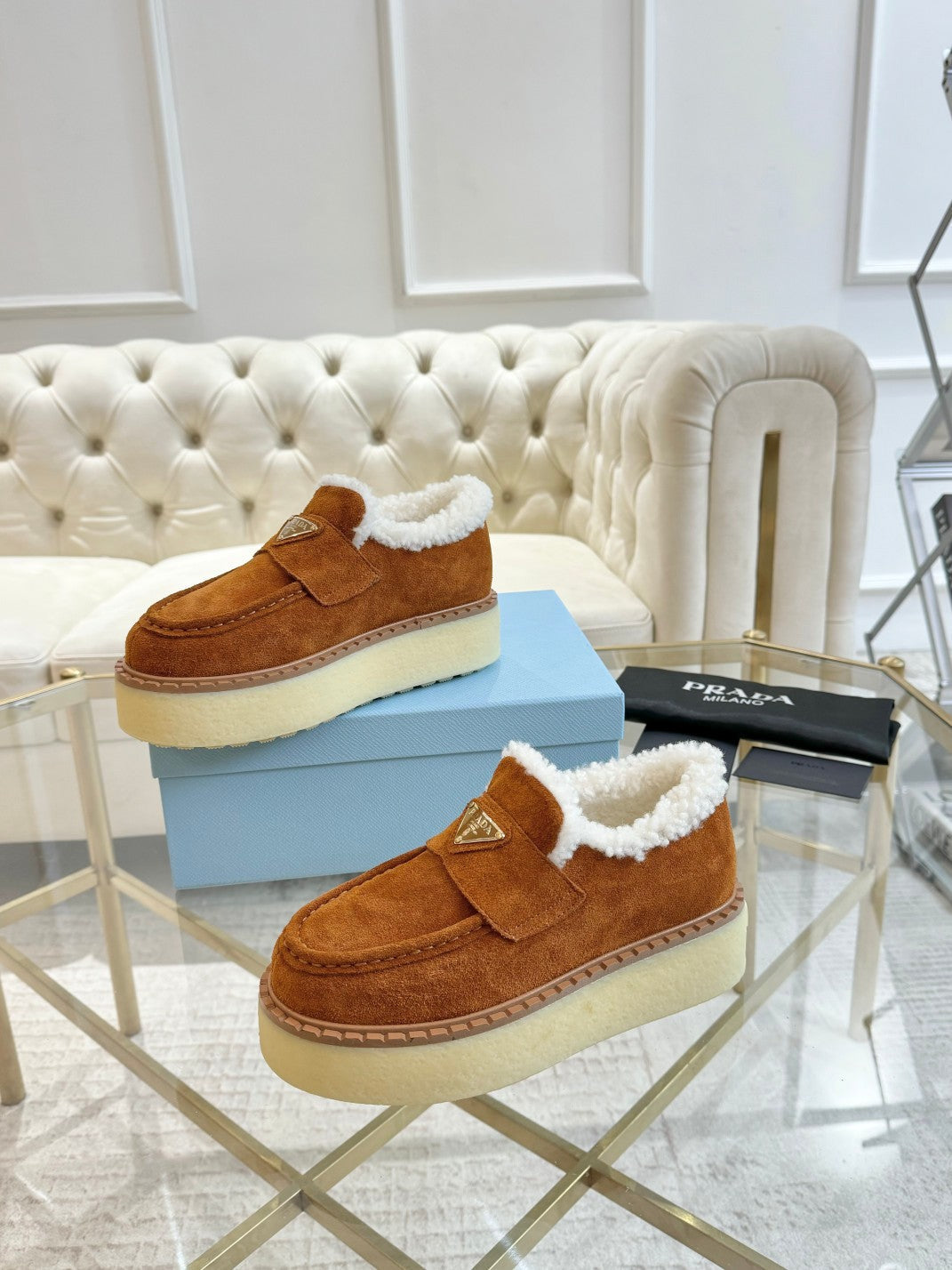 SUEDE LOAFER BRONZE BROWN WITH SHEARLING LINING - 35