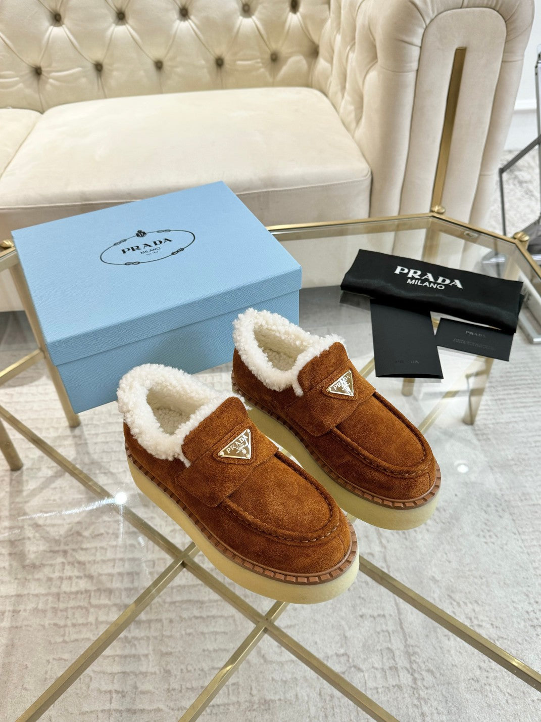 SUEDE LOAFER BRONZE BROWN WITH SHEARLING LINING - 35
