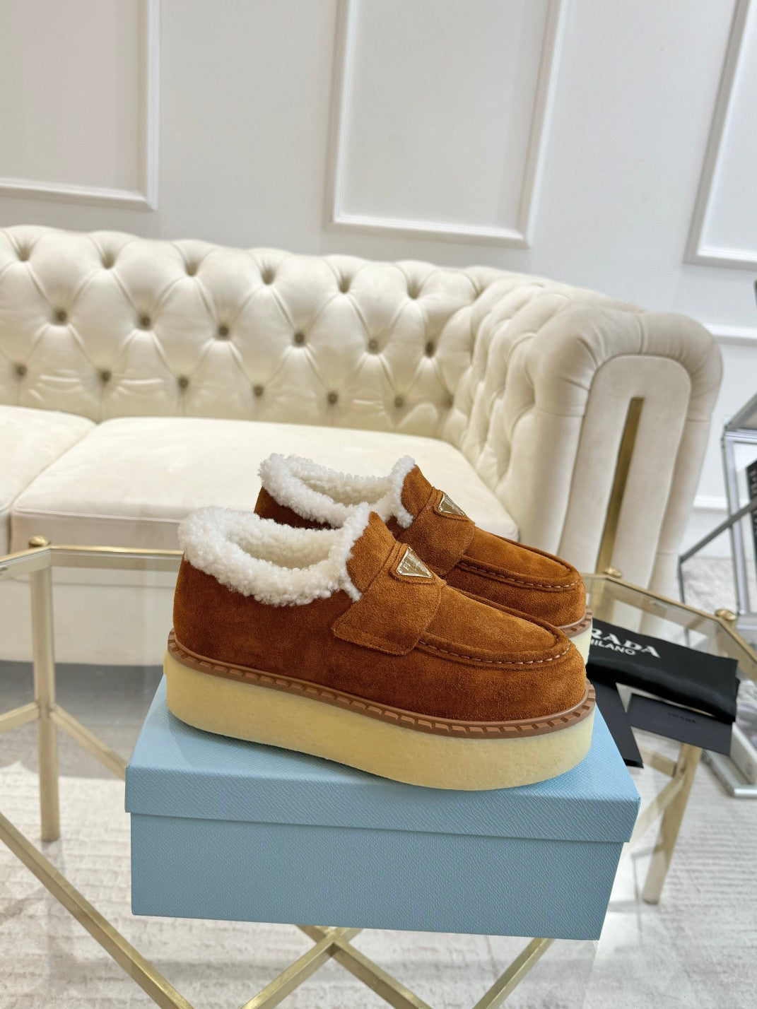 SUEDE LOAFER BRONZE BROWN WITH SHEARLING LINING - 35