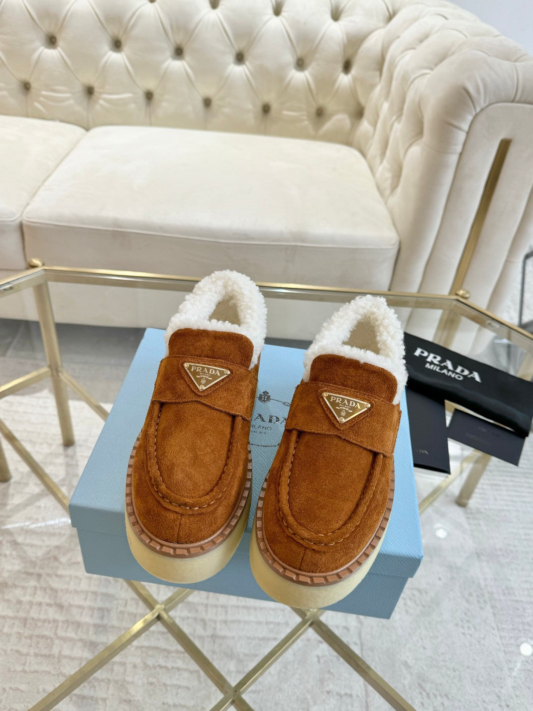 SUEDE LOAFER BRONZE BROWN WITH SHEARLING LINING - 35
