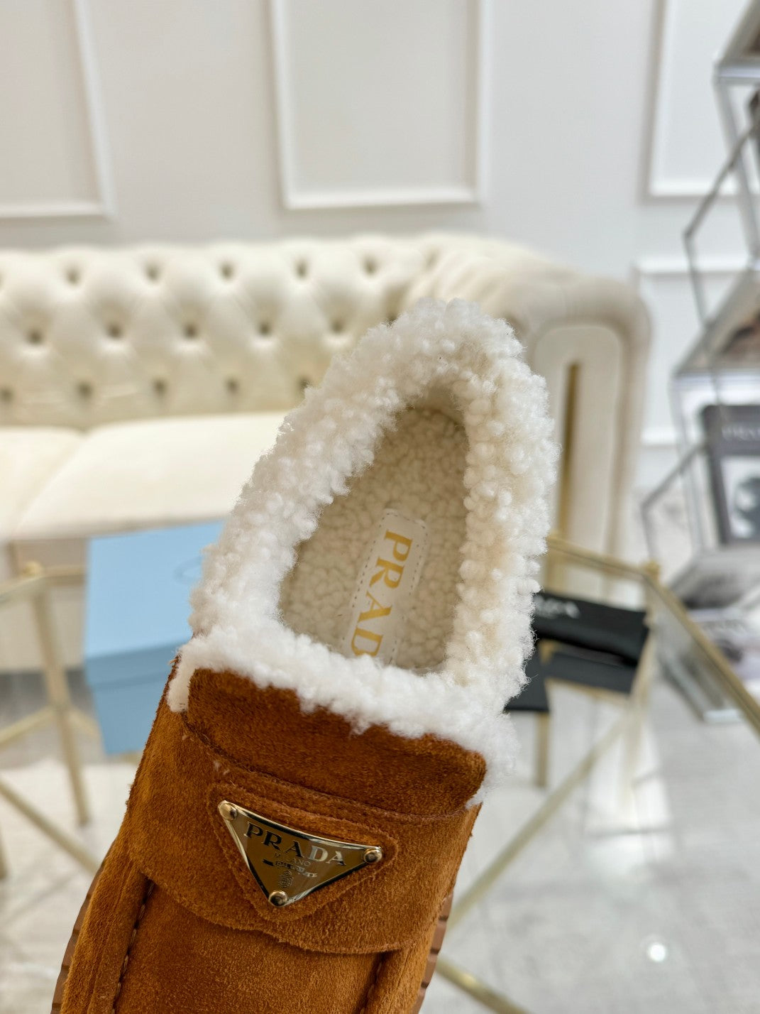 SUEDE LOAFER BRONZE BROWN WITH SHEARLING LINING - 35