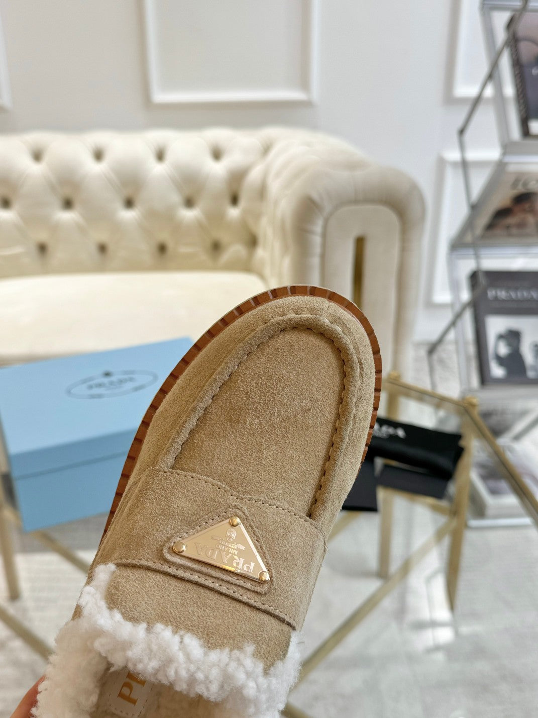 SUEDE LOAFER LIGHT FRENCH BEIGE WITH SHEARLING LINING - 35