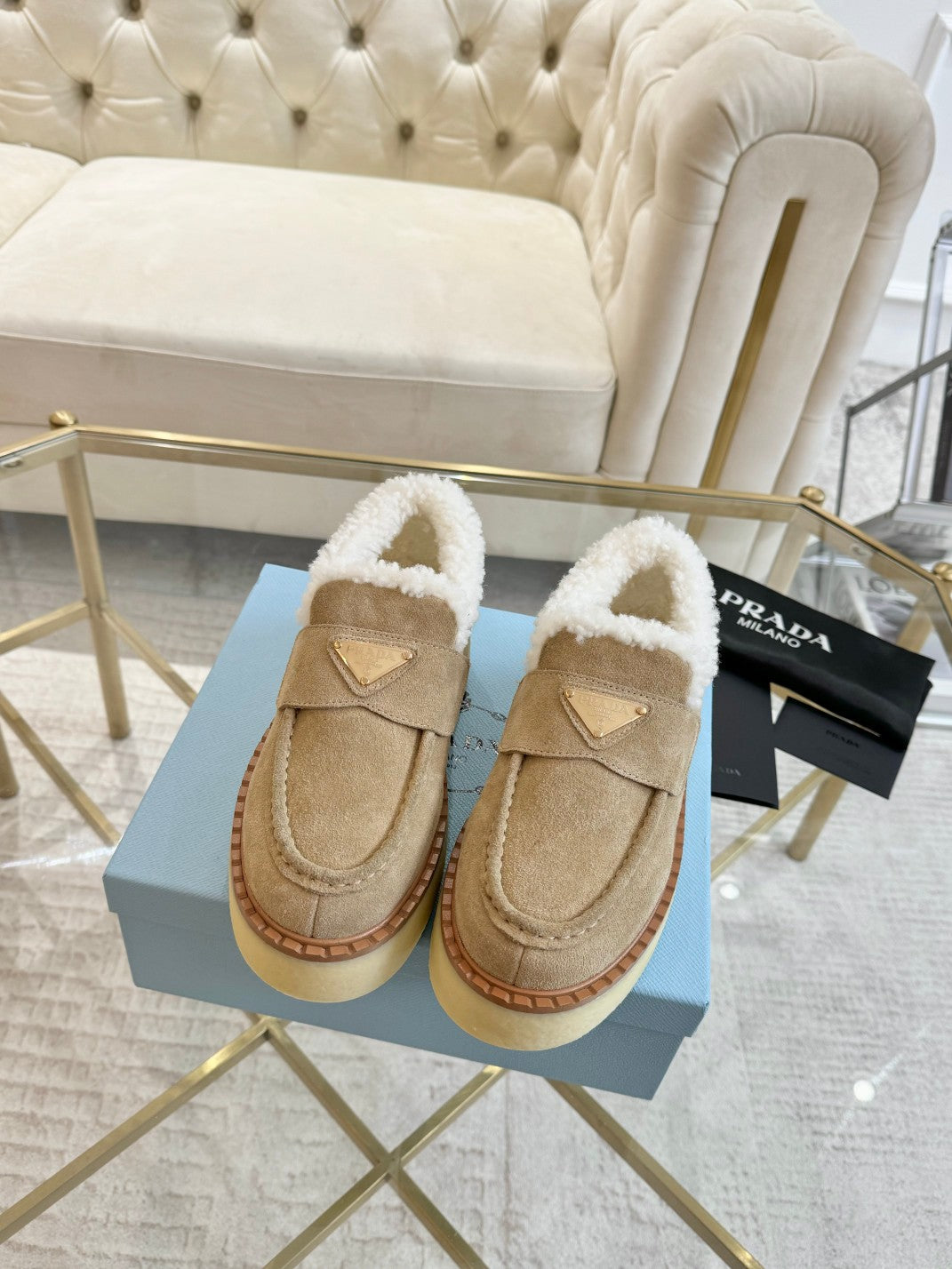 SUEDE LOAFER LIGHT FRENCH BEIGE WITH SHEARLING LINING - 35