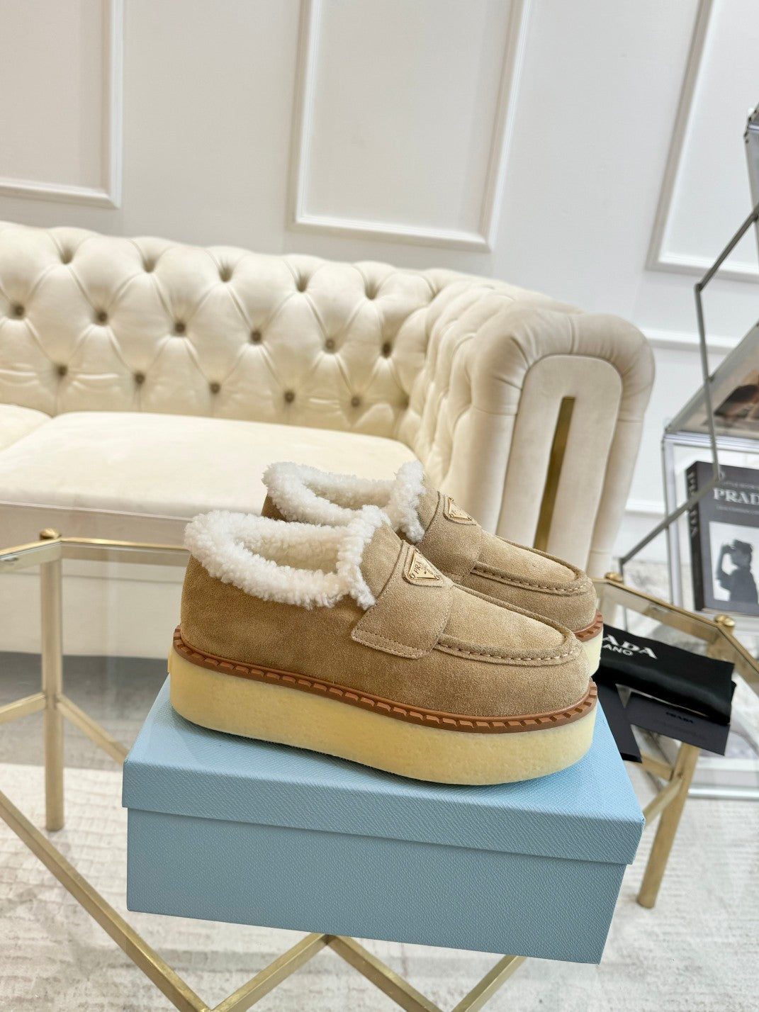 SUEDE LOAFER LIGHT FRENCH BEIGE WITH SHEARLING LINING - 35