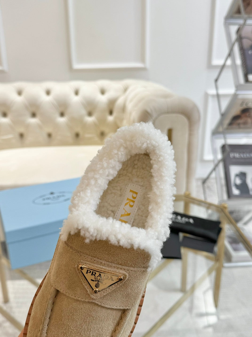 SUEDE LOAFER LIGHT FRENCH BEIGE WITH SHEARLING LINING - 35