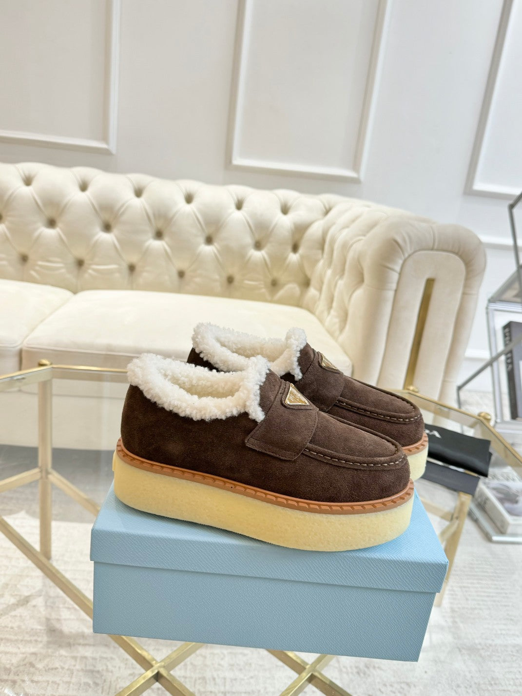 SUEDE LOAFER CHOCOLATE WITH SHEARLING LINING - 35