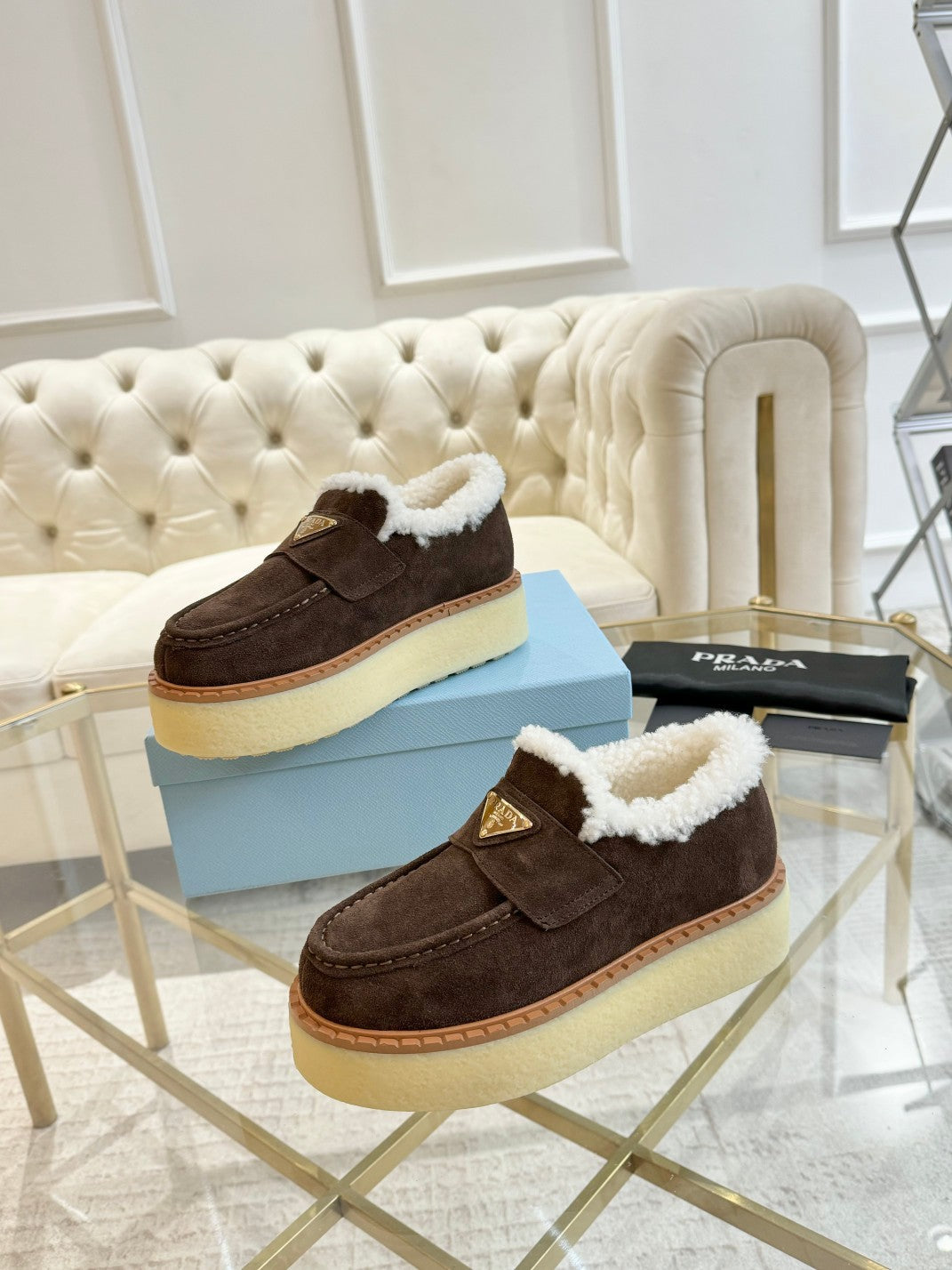 SUEDE LOAFER CHOCOLATE WITH SHEARLING LINING - 35