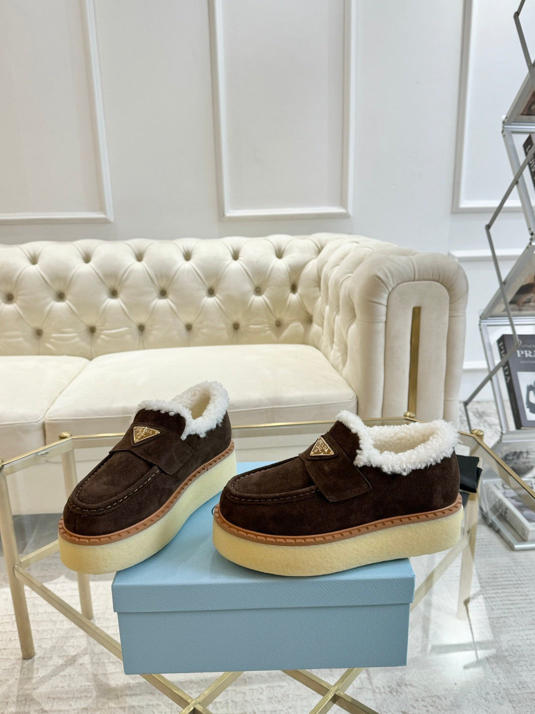 SUEDE LOAFER CHOCOLATE WITH SHEARLING LINING - 35