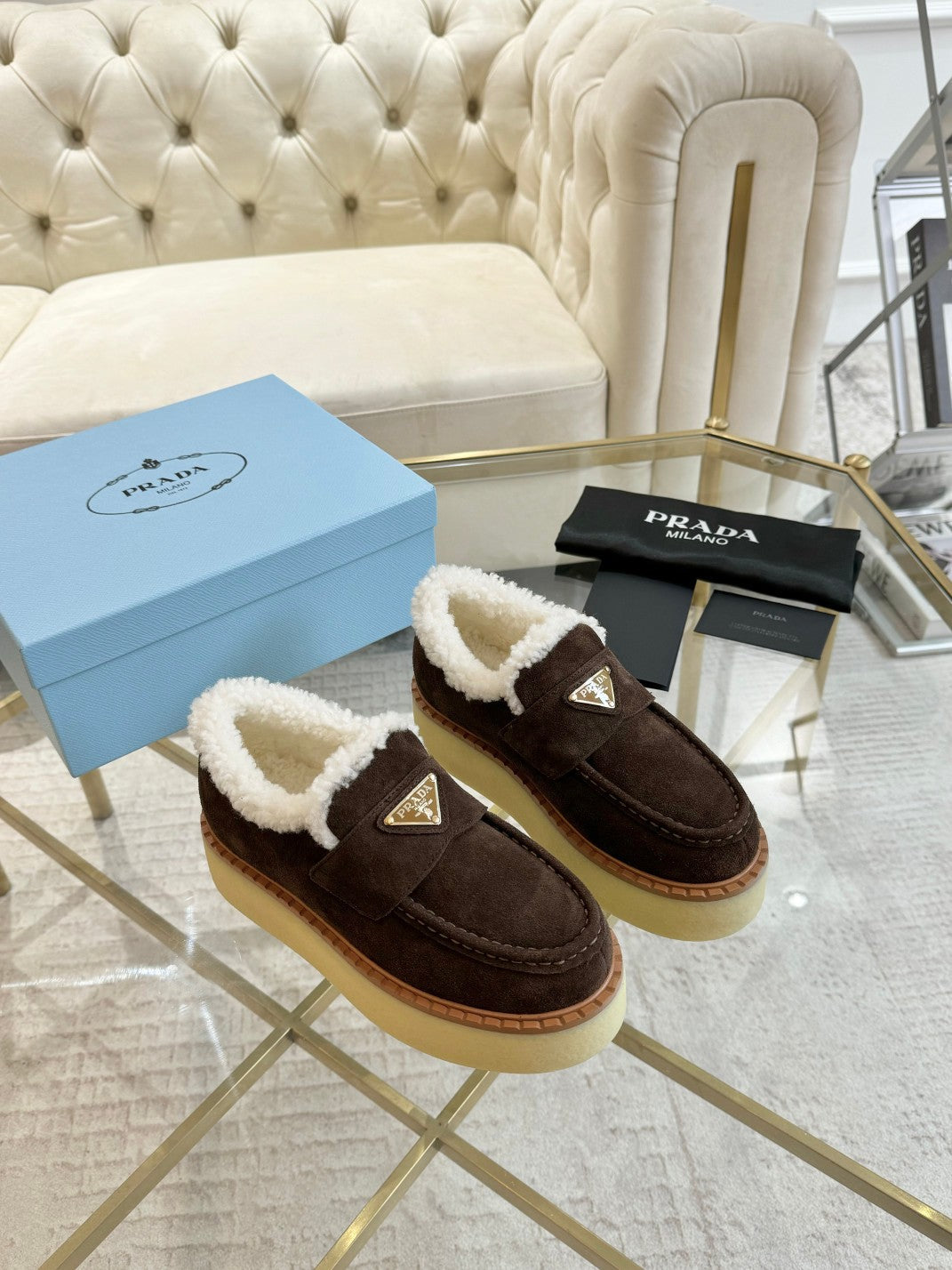SUEDE LOAFER CHOCOLATE WITH SHEARLING LINING - 35