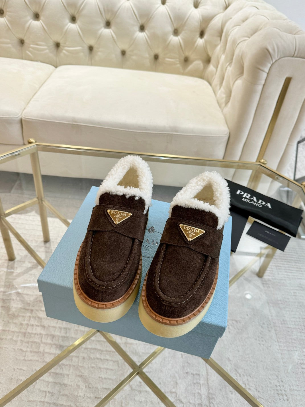 SUEDE LOAFER CHOCOLATE WITH SHEARLING LINING - 35