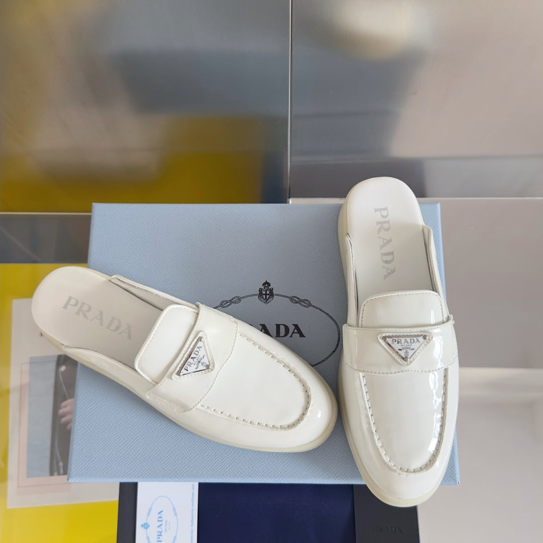 Pra White Patent Leather Mule 25mm Rubber Sole - 35