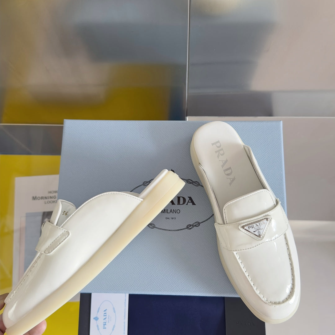Pra White Patent Leather Mule 25mm Rubber Sole - 35