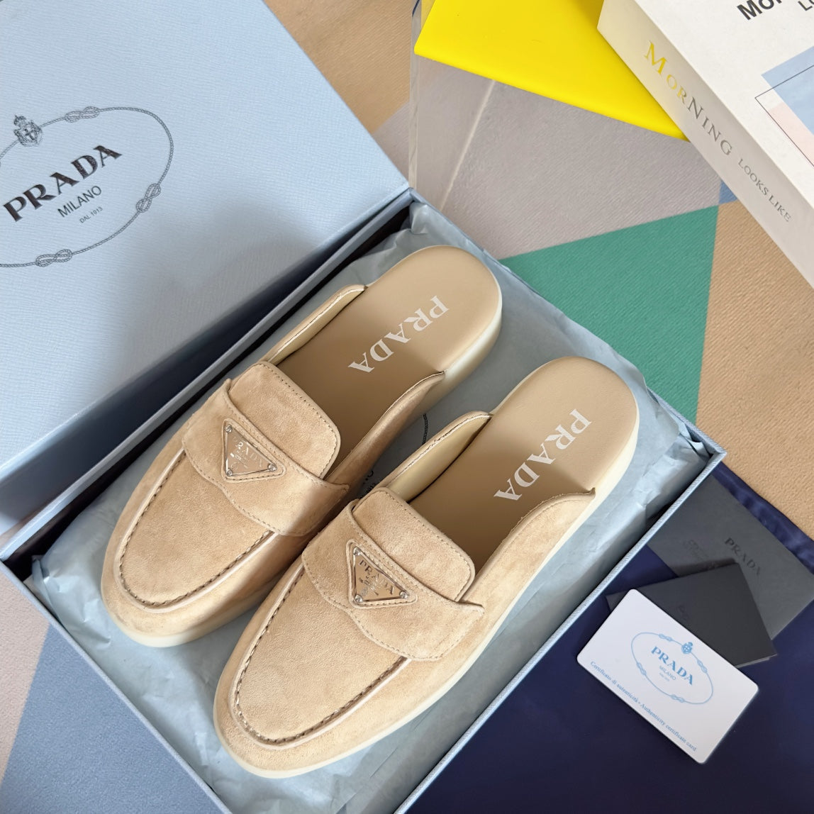 Pra Beige Suede Leather Mule 25mm Rubber Sole - 35