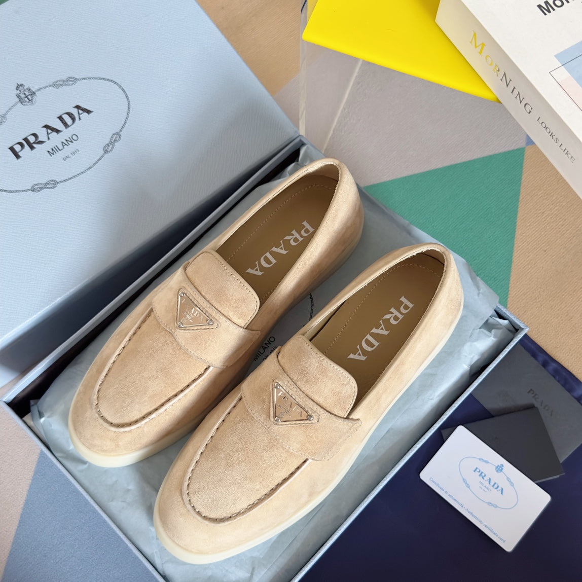 Pra Beige Suede Leather Loafers 25mm Rubber Sole - 35