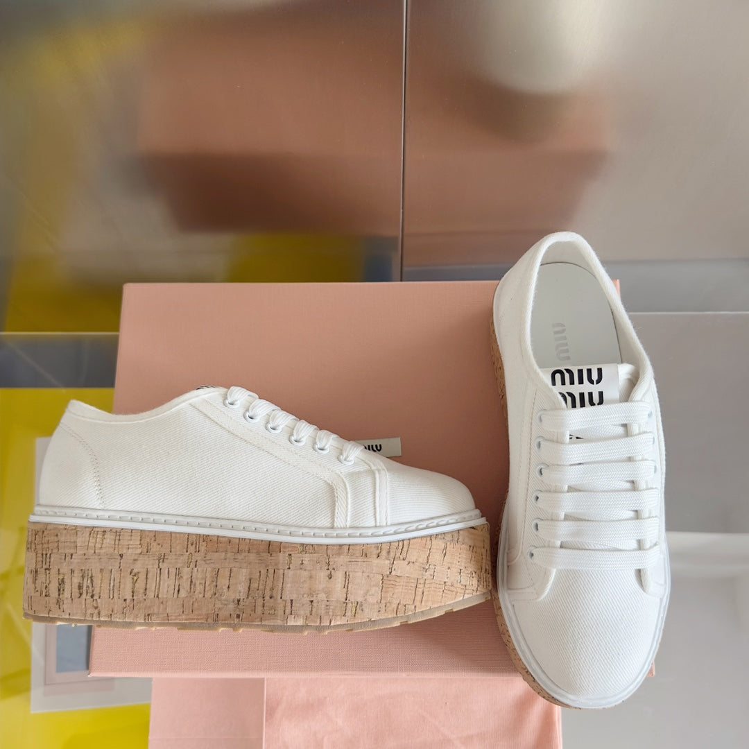 Lace - up Platform Shoes White Canvas - 35
