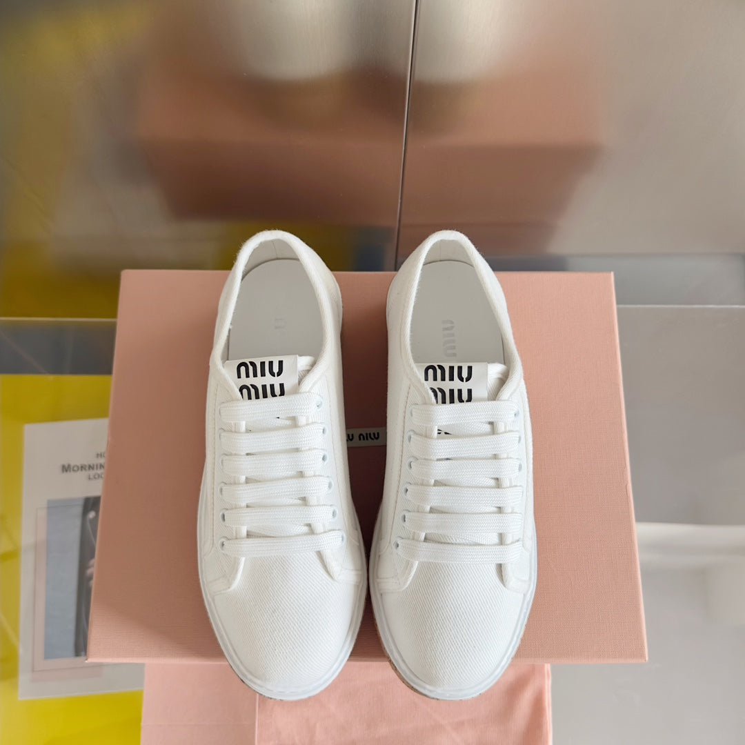 Lace - up Platform Shoes White Canvas - 35
