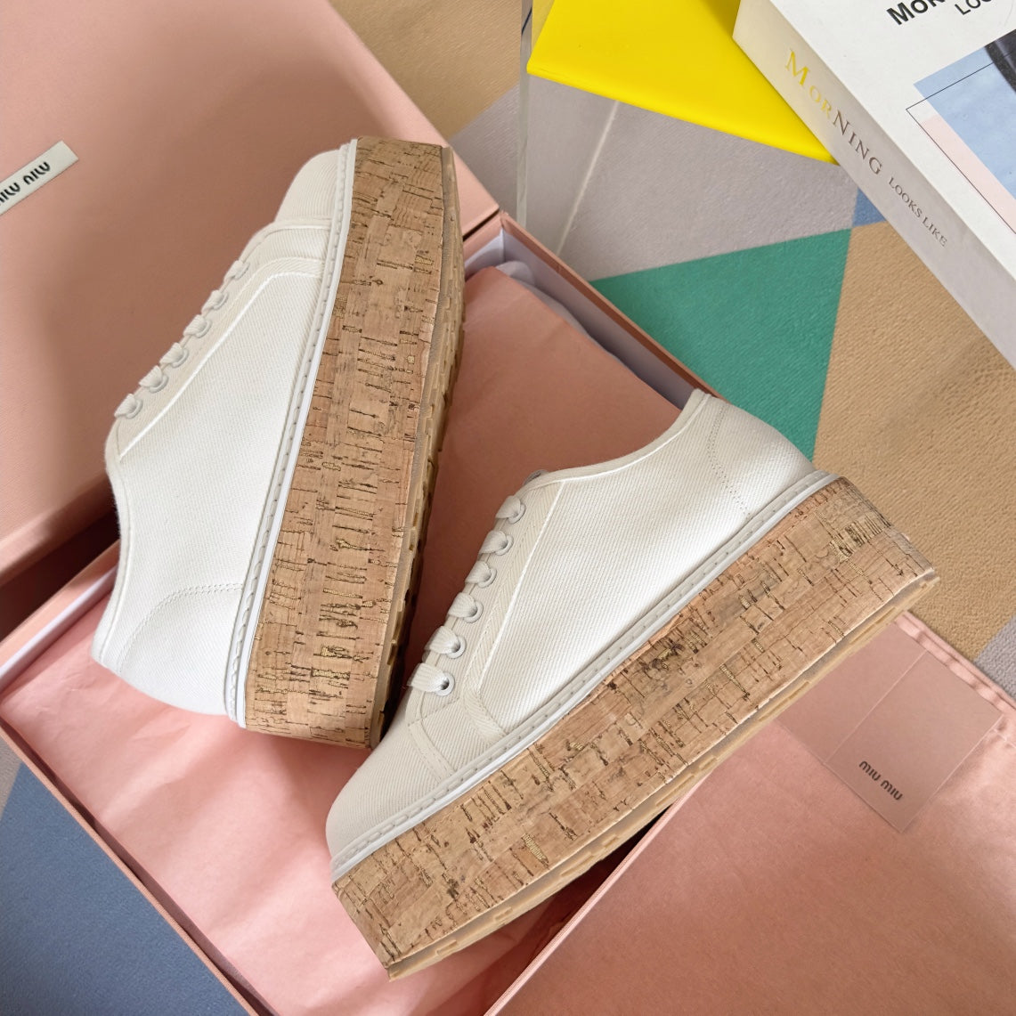 Lace - up Platform Shoes White Canvas - 35