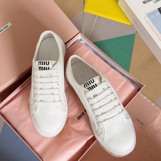 Lace - up Platform Shoes White Canvas - 35