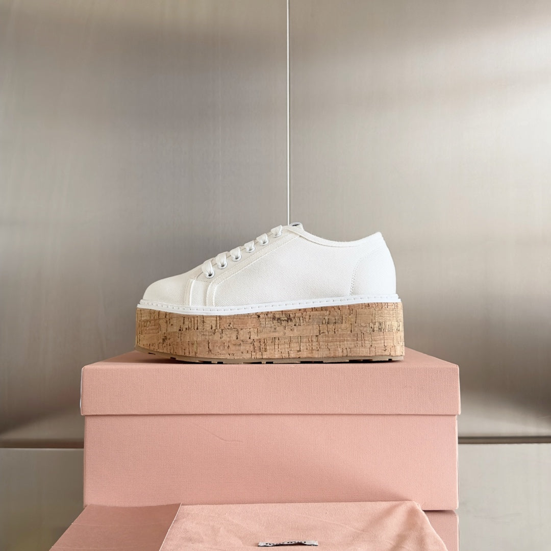 Lace - up Platform Shoes White Canvas - 35