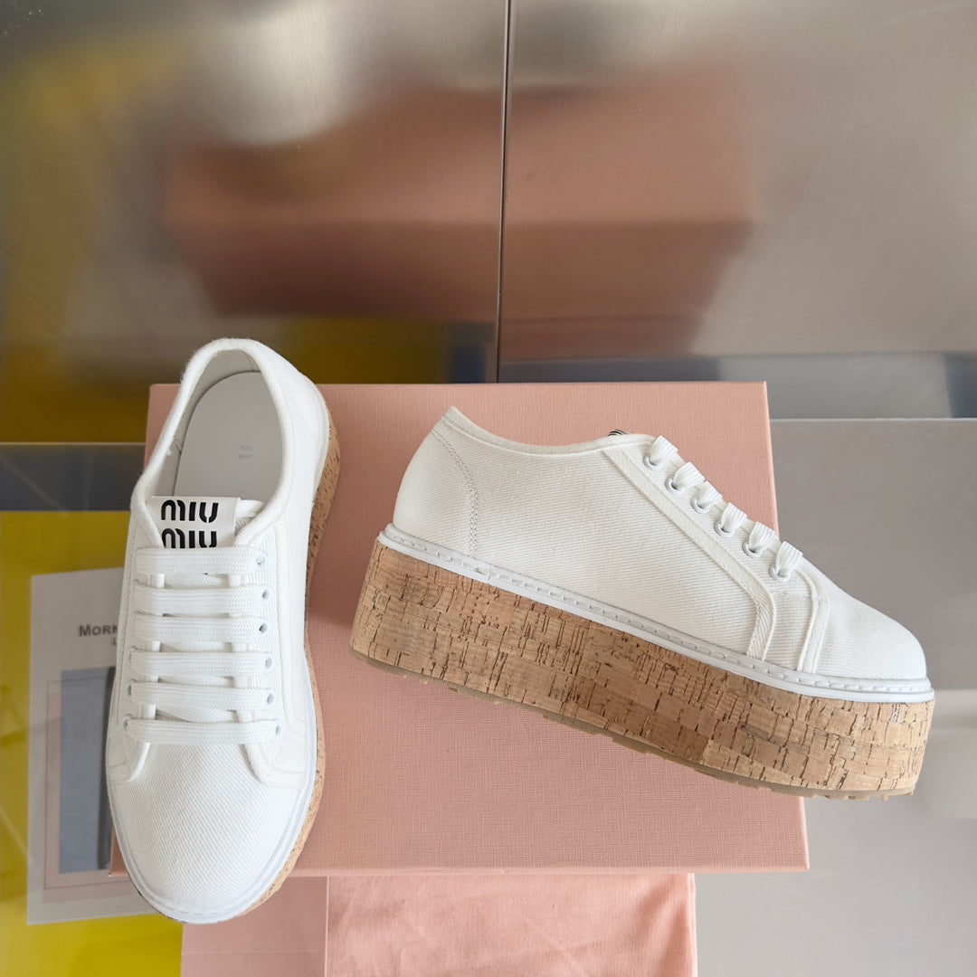 Lace - up Platform Shoes White Canvas - 35