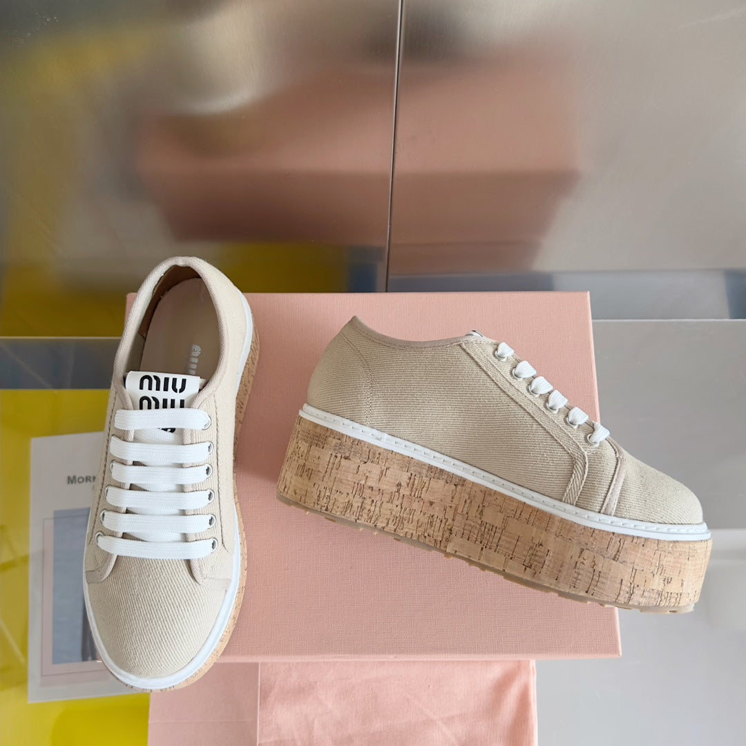 Lace - up Platform Shoes Buttercream Canvas - 35