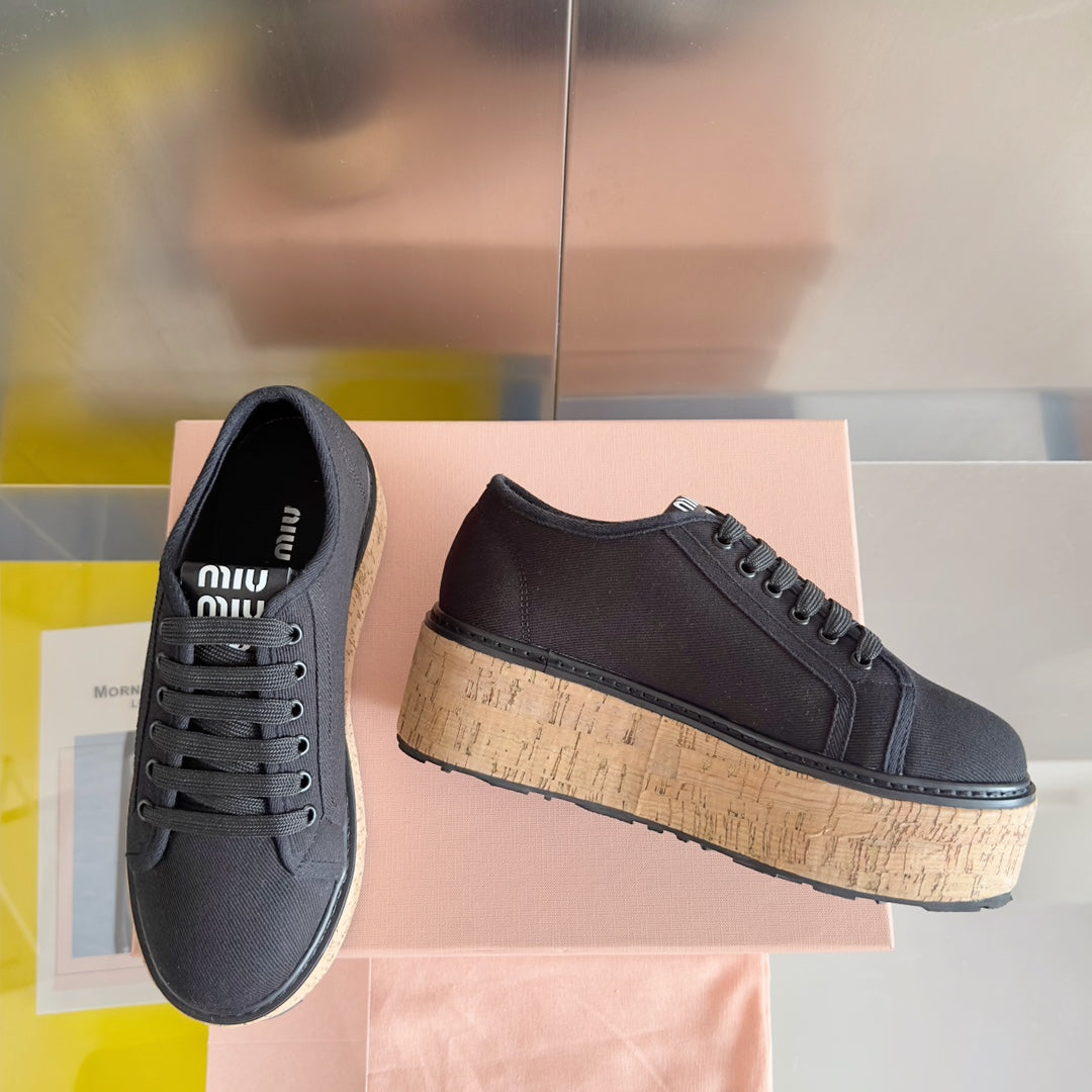 Lace - up Platform Shoes Black Canvas - 35
