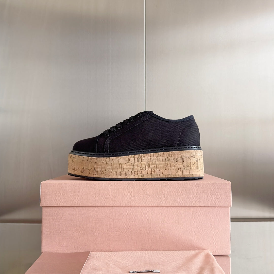 Lace - up Platform Shoes Black Canvas - 35