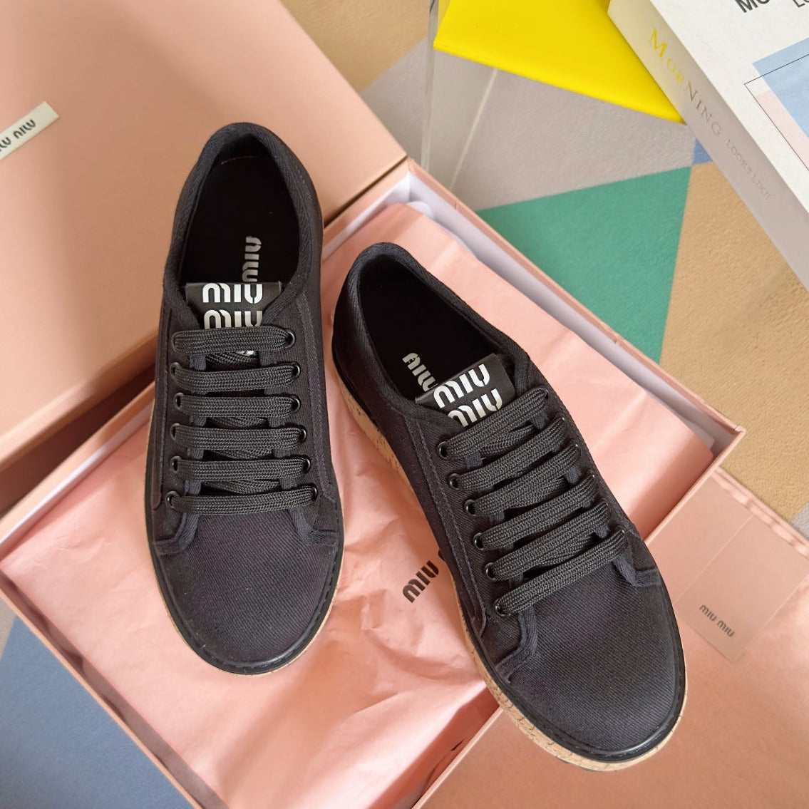 Lace - up Platform Shoes Black Canvas - 35