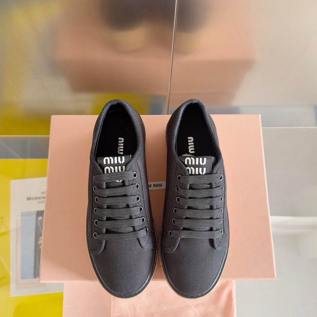Lace - up Platform Shoes Black Canvas - 35