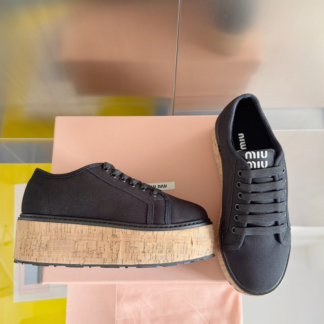 Lace - up Platform Shoes Black Canvas - 35
