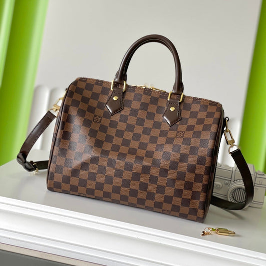 SPEEDY BANDOLIÈRE 30 IN DARK BROWN DAMIER EBENE CANVAS GOLD LOCK