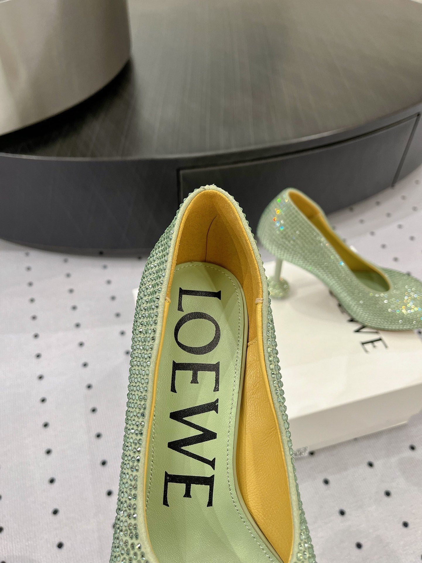 Loew pump 100 in suede and allover rhinestones pastel green - 35