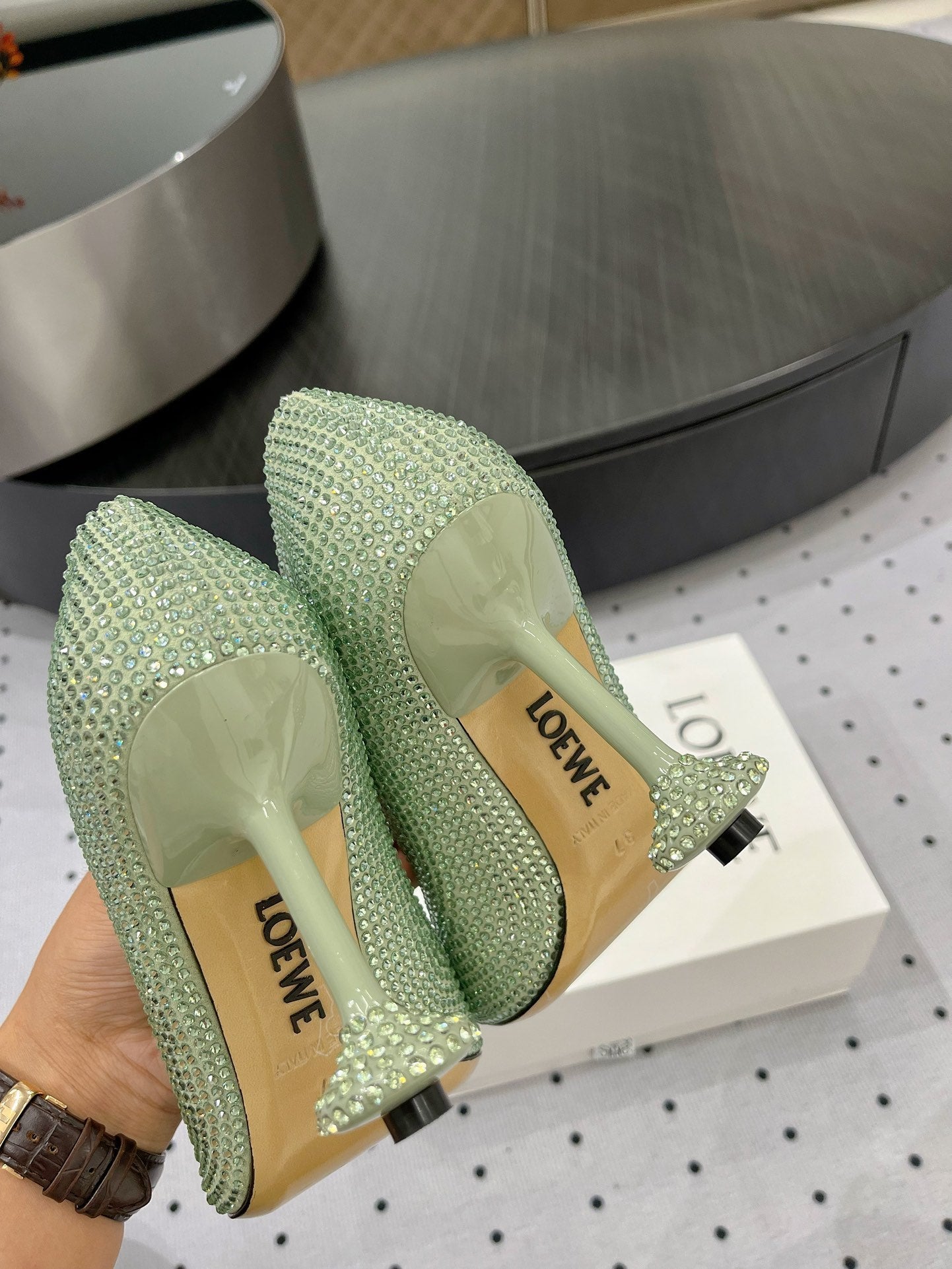 Loew pump 100 in suede and allover rhinestones pastel green - 35