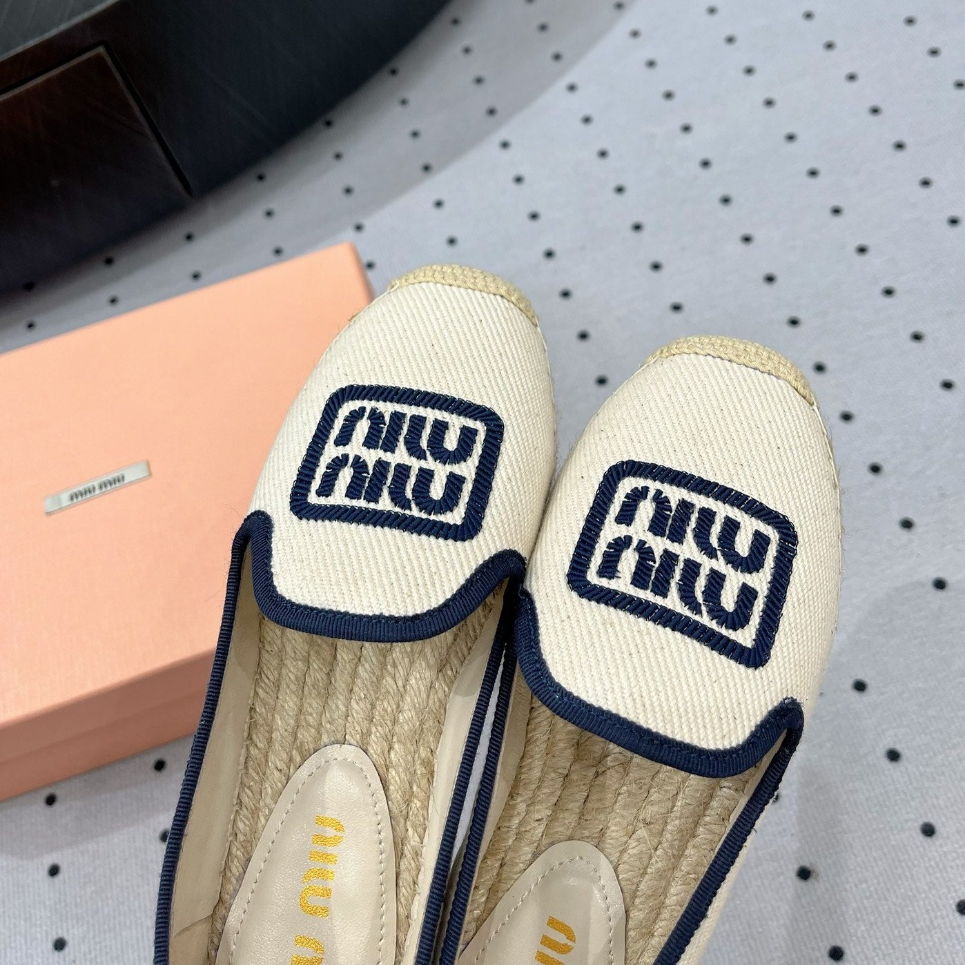 Loafer Shoes Ivory With Navy Border Fabric linen - 35