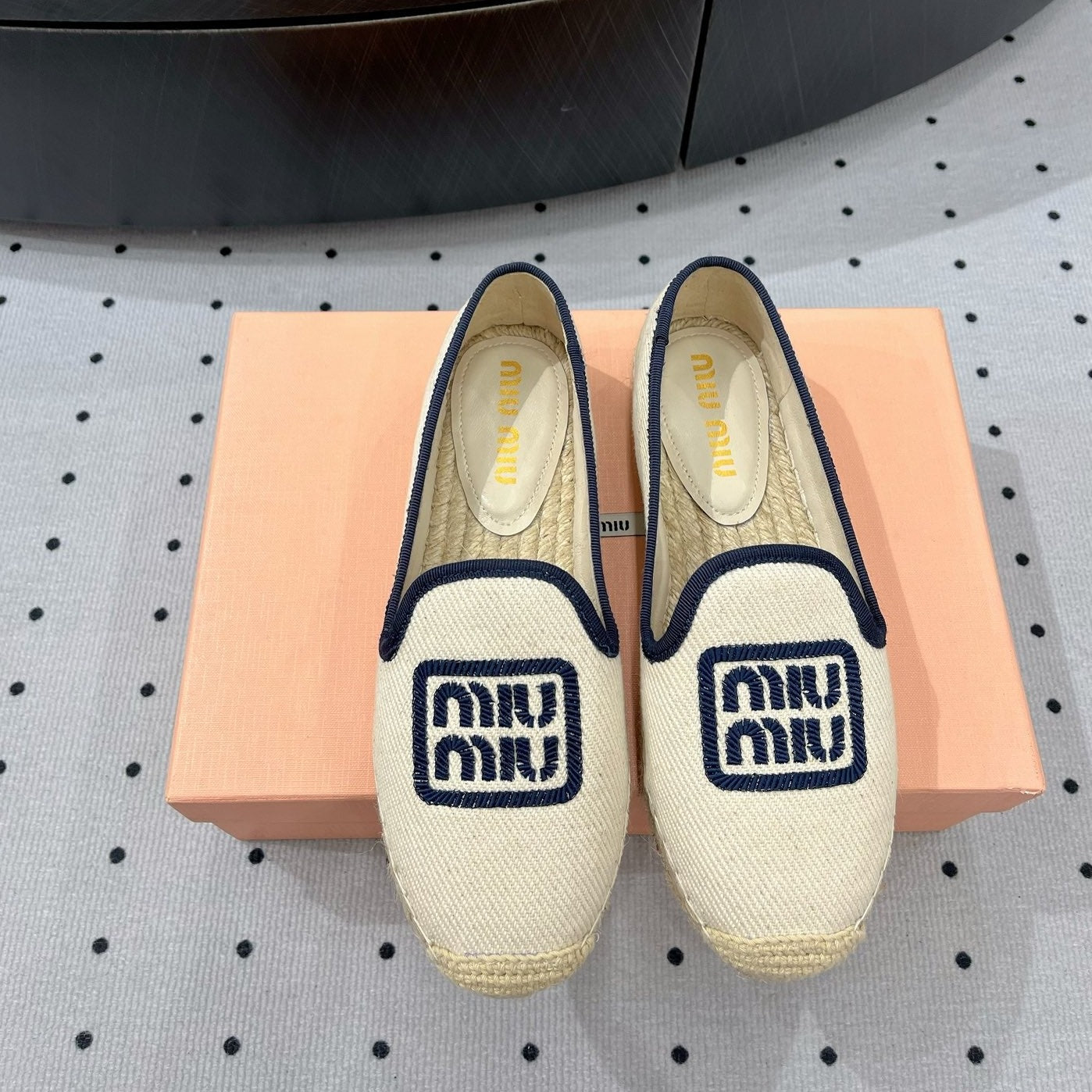 Loafer Shoes Ivory With Navy Border Fabric linen - 35